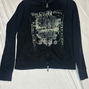 BCBGMAXAZRIA Y2K Black Velour Zip-Up Hoodie with Silver Cross Wing Graphic